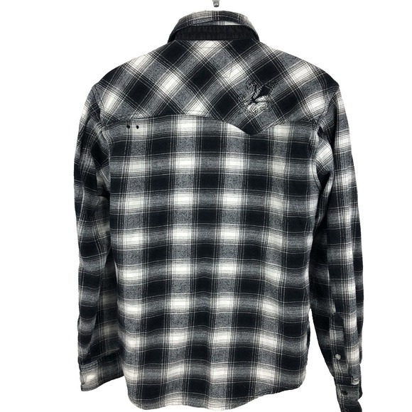 Micros Shirt Men L Black Flannel Plaid Snap Custom Embroidery Western Logo - Picture 2 of 11